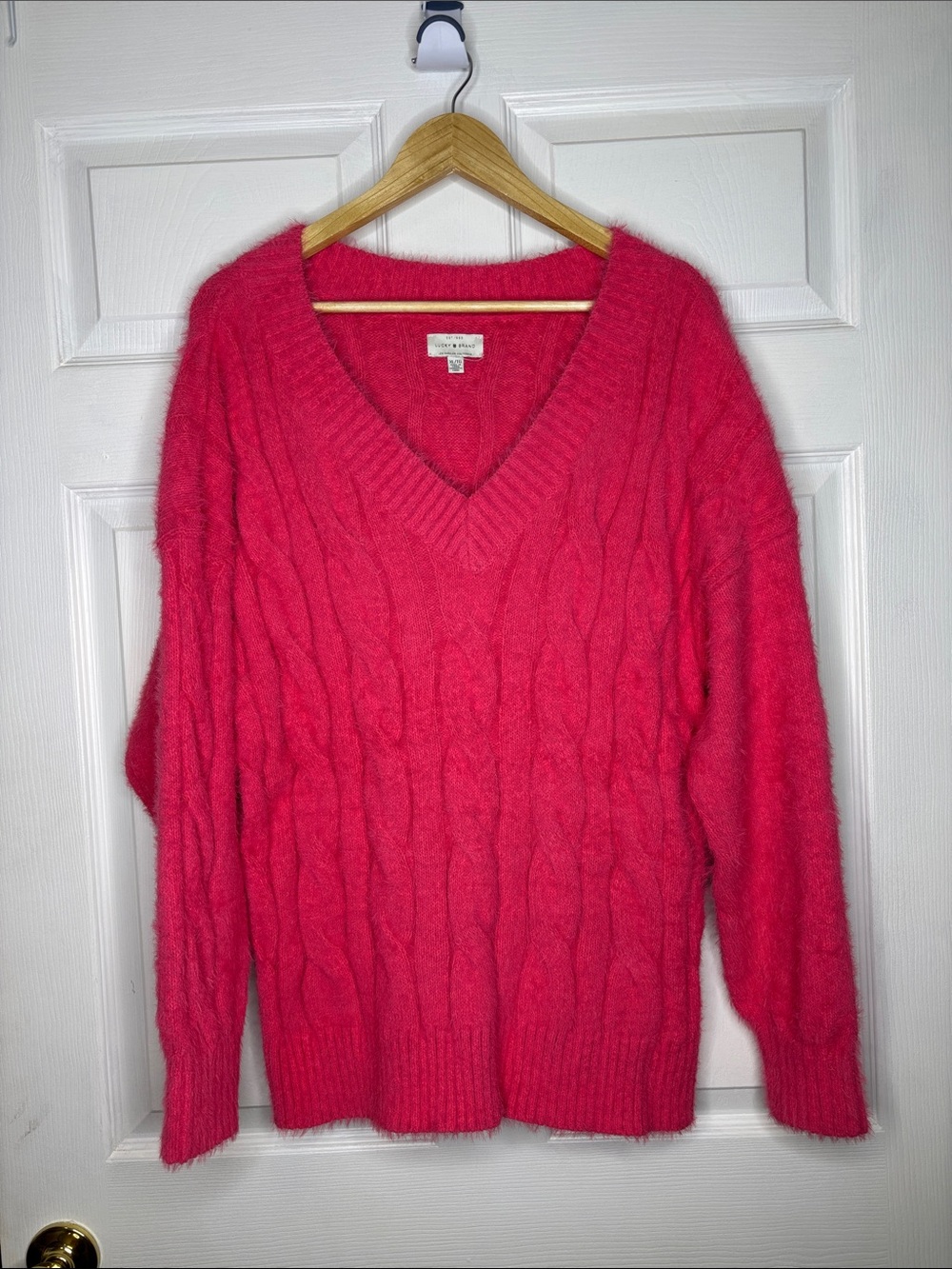 Lucky Brand Hot Pink Cable-Knit V-Neck Sweater Size XL